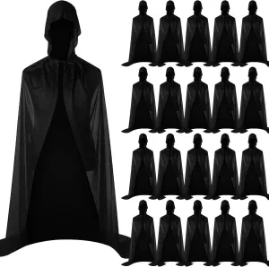 20 Pcs Halloween Black Cloak Bulk with Hood Adult Unisex Hooded Cloak Bulk Black Cape Robe for Women Men Cosplay Costume, 55"