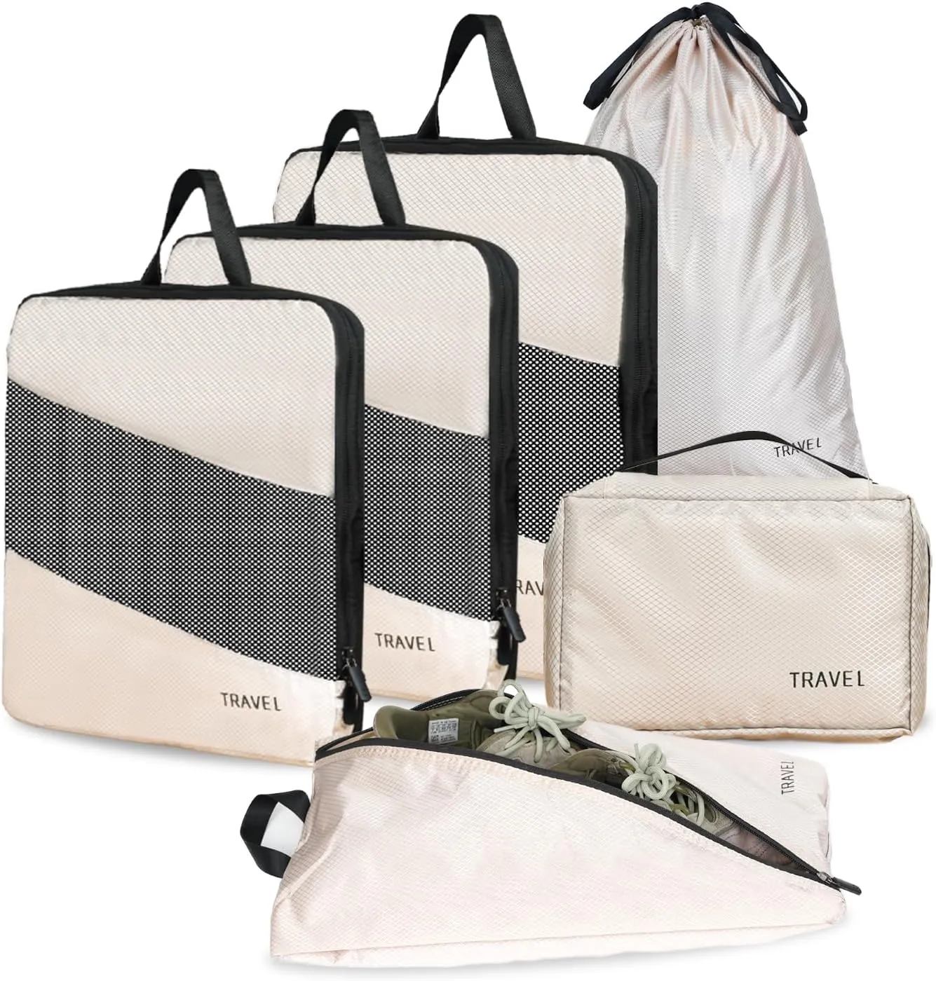 6 Set Compression Packing Cubes for Travel, Upgrade Travel Accessories for Suitcase Organizer Bags Set, Expandable Packing Organizers, Lightweight Vacation Organizer Travel Bags (Beige)