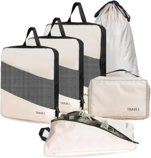 6 Set Compression Packing Cubes for Travel, Upgrade Travel Accessories for Suitcase Organizer Bags Set, Expandable Packing Organizers, Lightweight Vacation Organizer Travel Bags (Beige)