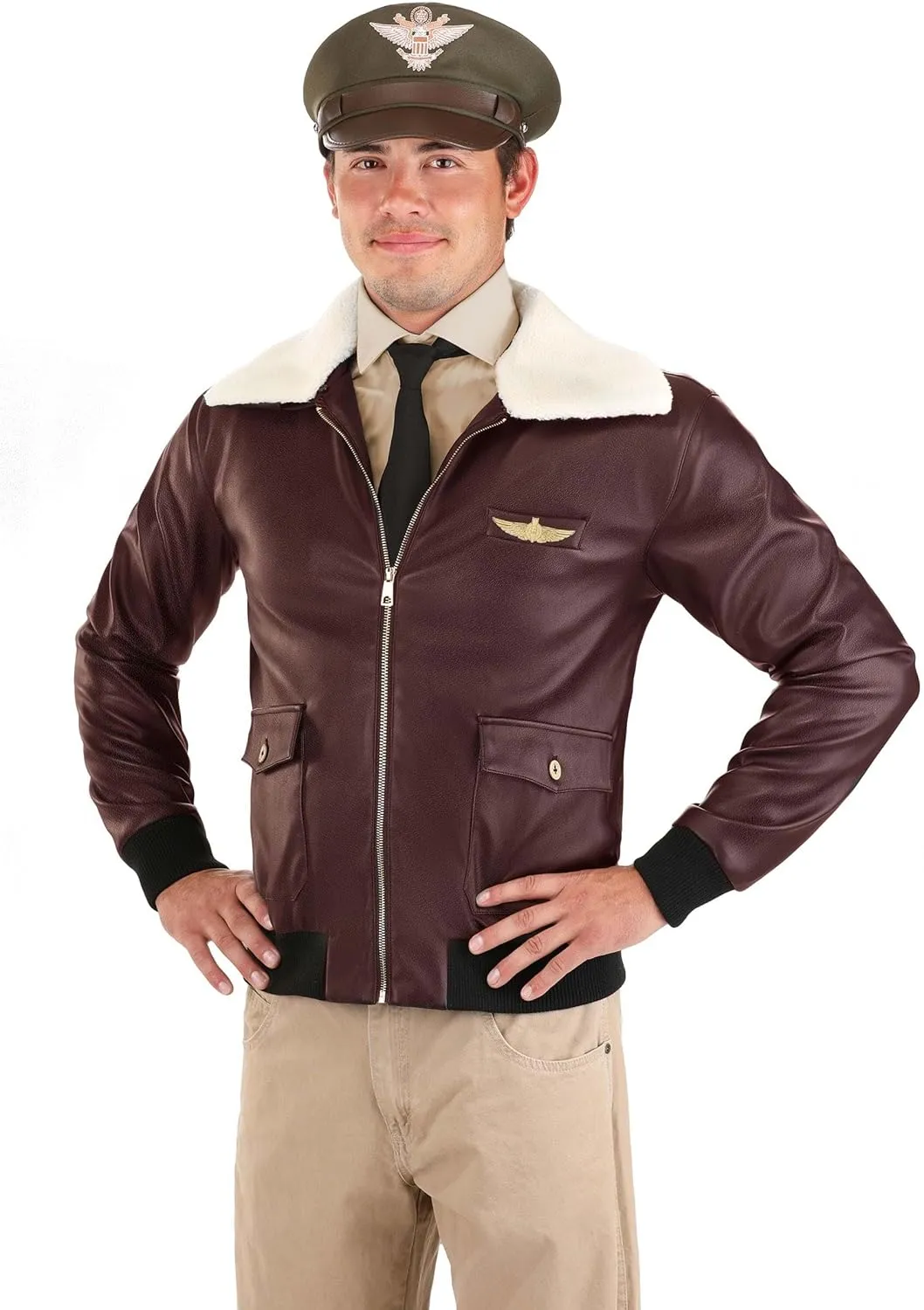 Adult WW2 Fighter Pilot Costume Jacket and Hat - Men's WW2 Aviator Bomber Jacket for Halloween Cosplay
