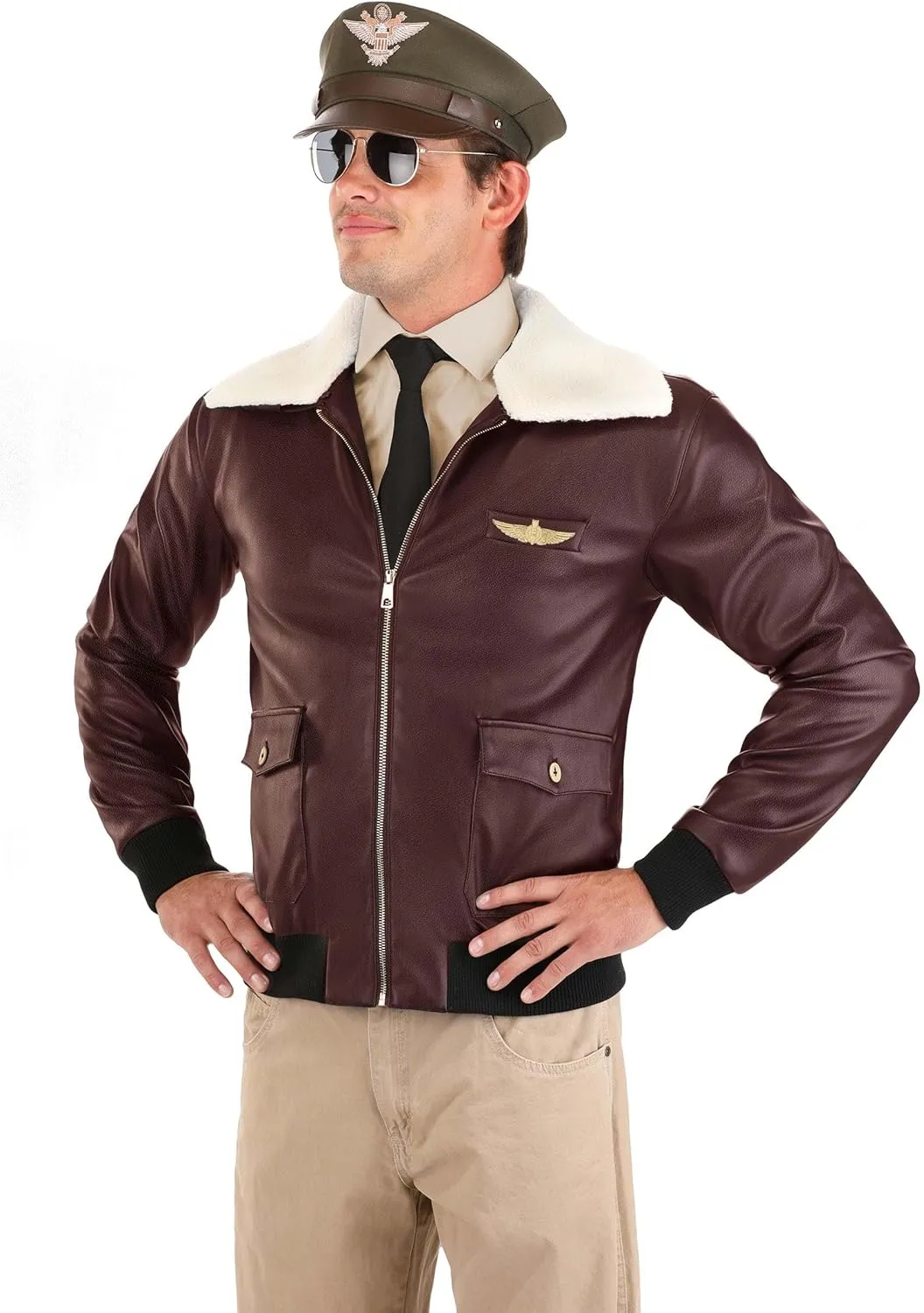 Adult WW2 Fighter Pilot Costume Jacket and Hat - Men's WW2 Aviator Bomber Jacket for Halloween Cosplay
