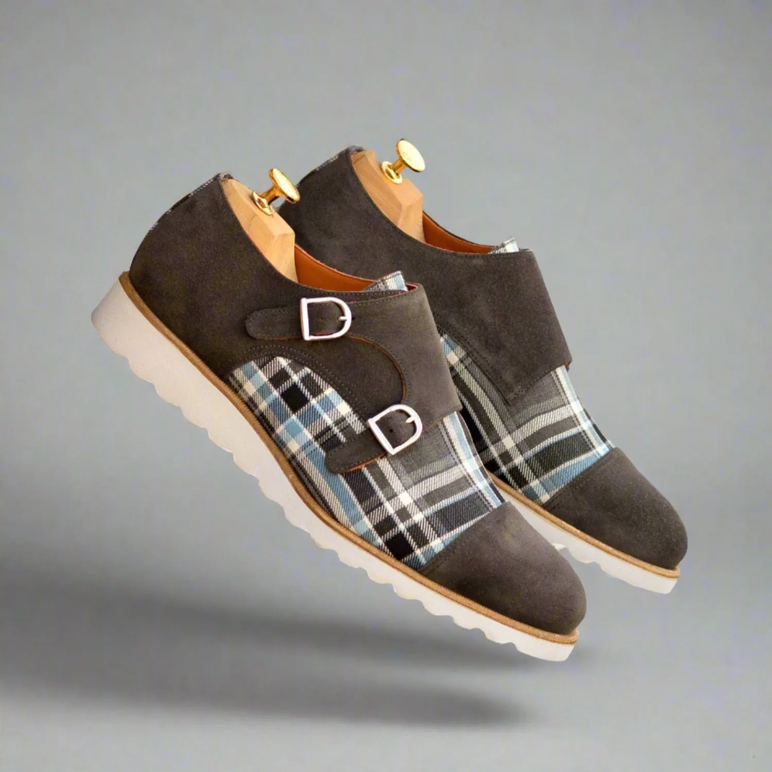 Ambrogio Bespoke Men's Shoes Multi-Color Plaid Sartorial / Suede Leather Monk-Straps Loafers (AMB2349)