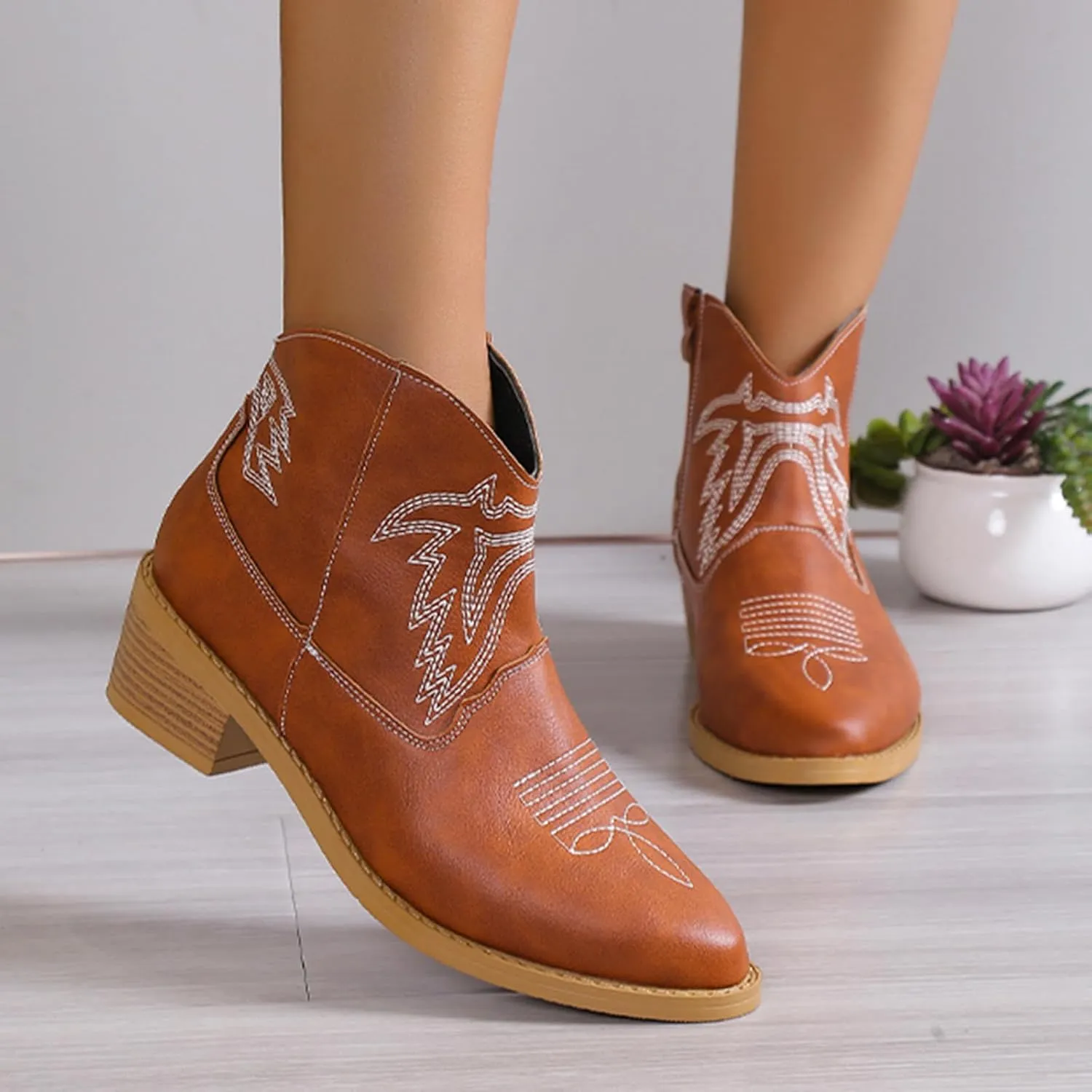 Ankle Boots for Women Dressy Chunky Heel Boots for Women Western Chunky Heel Pointed Toe Slip on Women Cowboy Boots