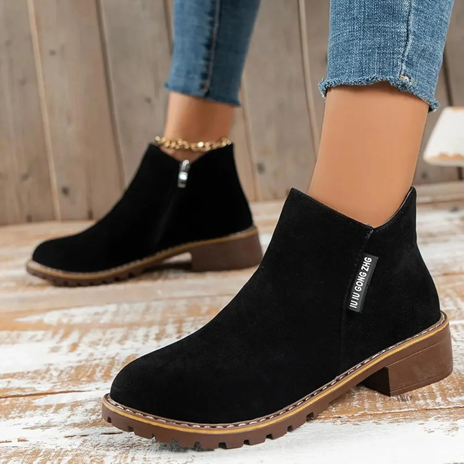 Ankle Boots for Women No Heel Fall Boots for Women 2024 Low Heel Vintage Retro Side Zipper Boots Low Heel Shoes