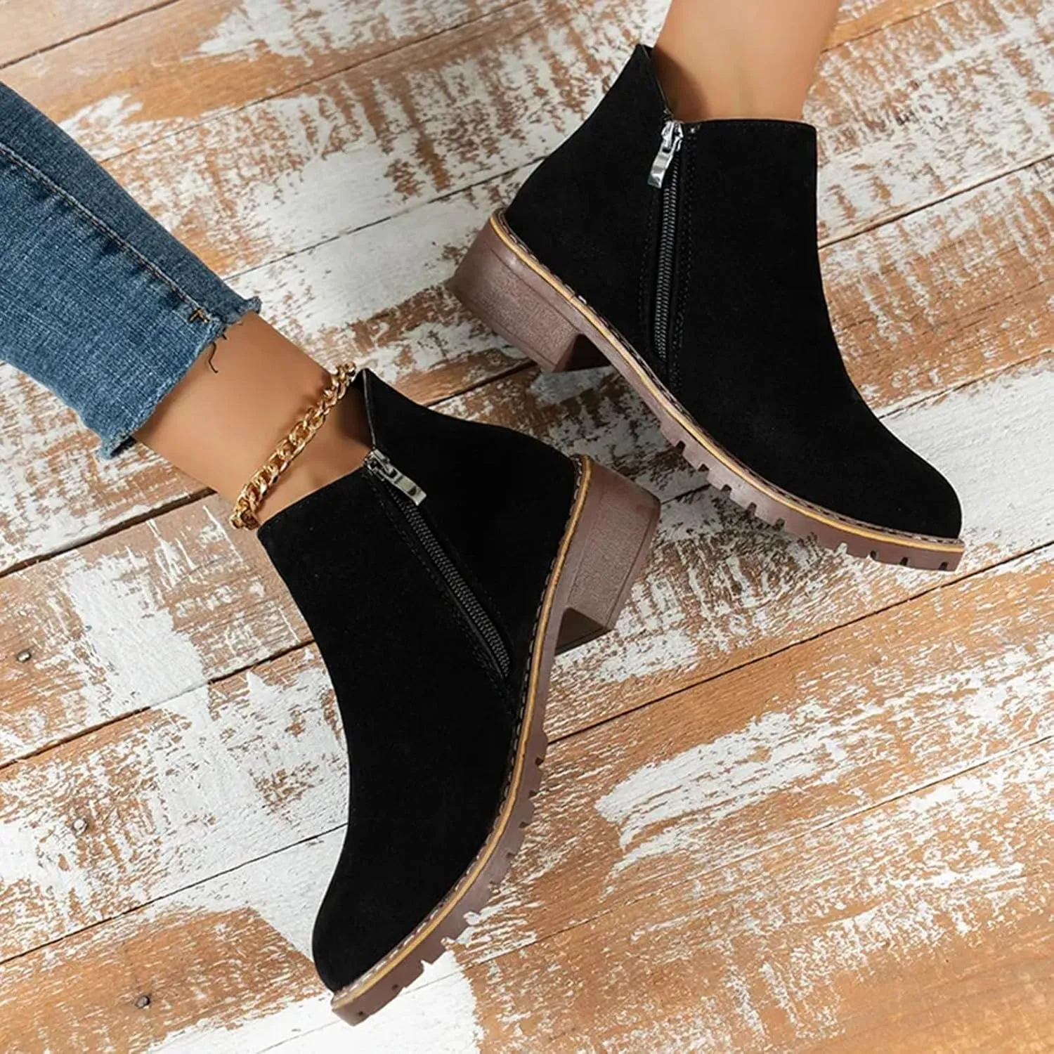 Ankle Boots for Women No Heel Fall Boots for Women 2024 Low Heel Vintage Retro Side Zipper Boots Low Heel Shoes