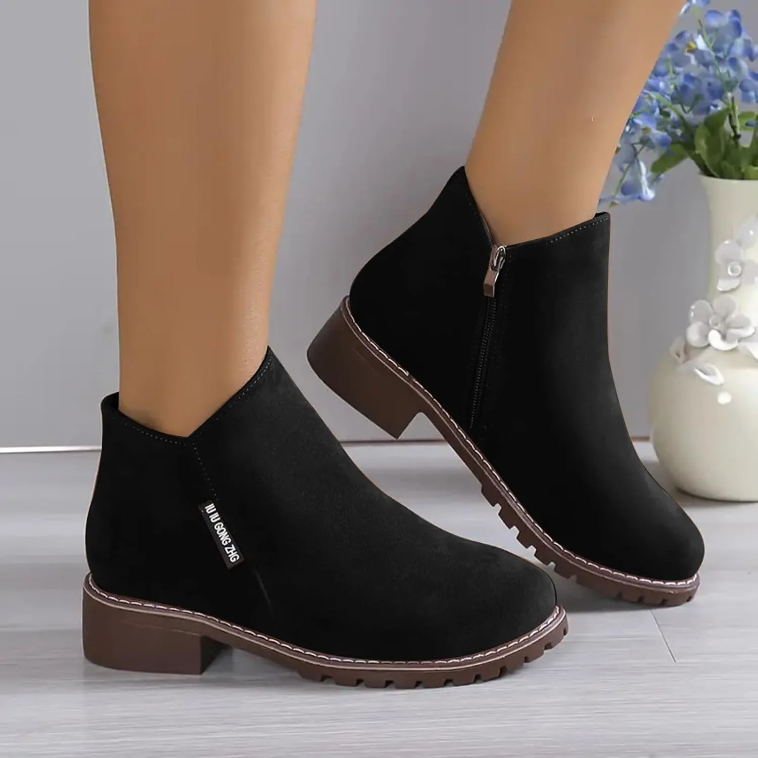 Ankle Boots for Women No Heel Fall Boots for Women 2024 Low Heel Vintage Retro Side Zipper Boots Low Heel Shoes