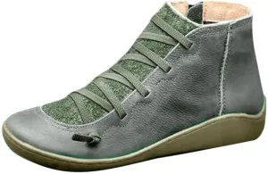 Ankle Boots for Women No Heel Leather Fall Boots for Women 2024 Fashion Lace up Side Zip Vintage Booties Flat Heel