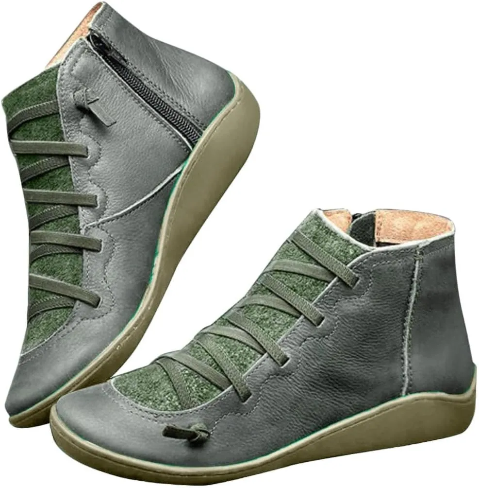 Ankle Boots for Women No Heel Leather Fall Boots for Women 2024 Fashion Lace up Side Zip Vintage Booties Flat Heel