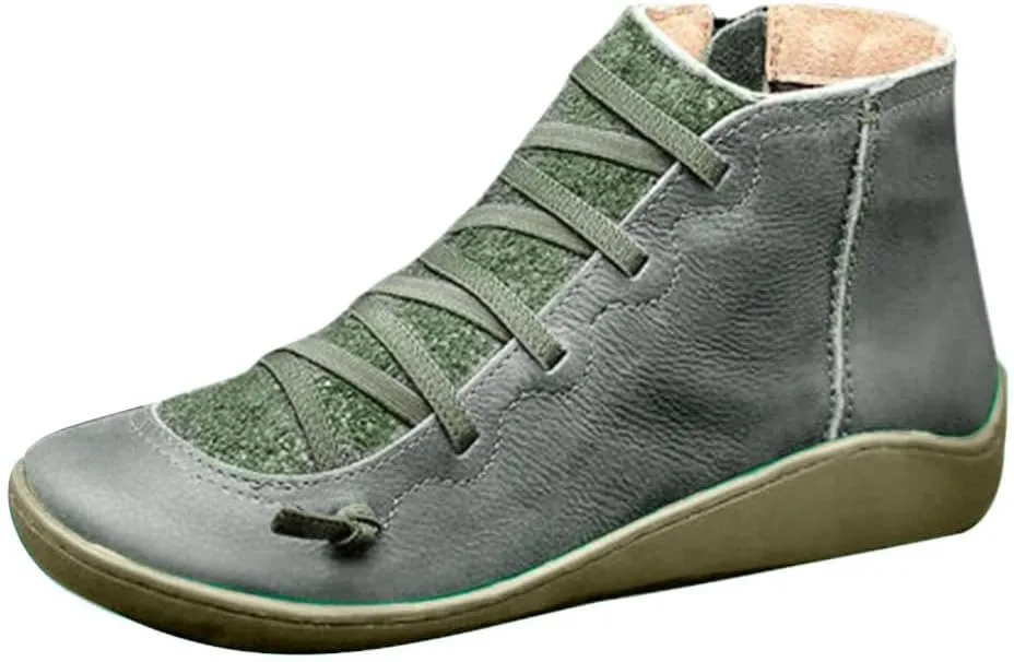 Ankle Boots for Women No Heel Leather Fall Boots for Women 2024 Fashion Lace up Side Zip Vintage Booties Flat Heel