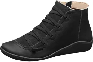 Ankle Boots for Women No Heel Leather Fall Boots for Women 2024 Fashion Lace up Side Zip Vintage Booties Flat Heel