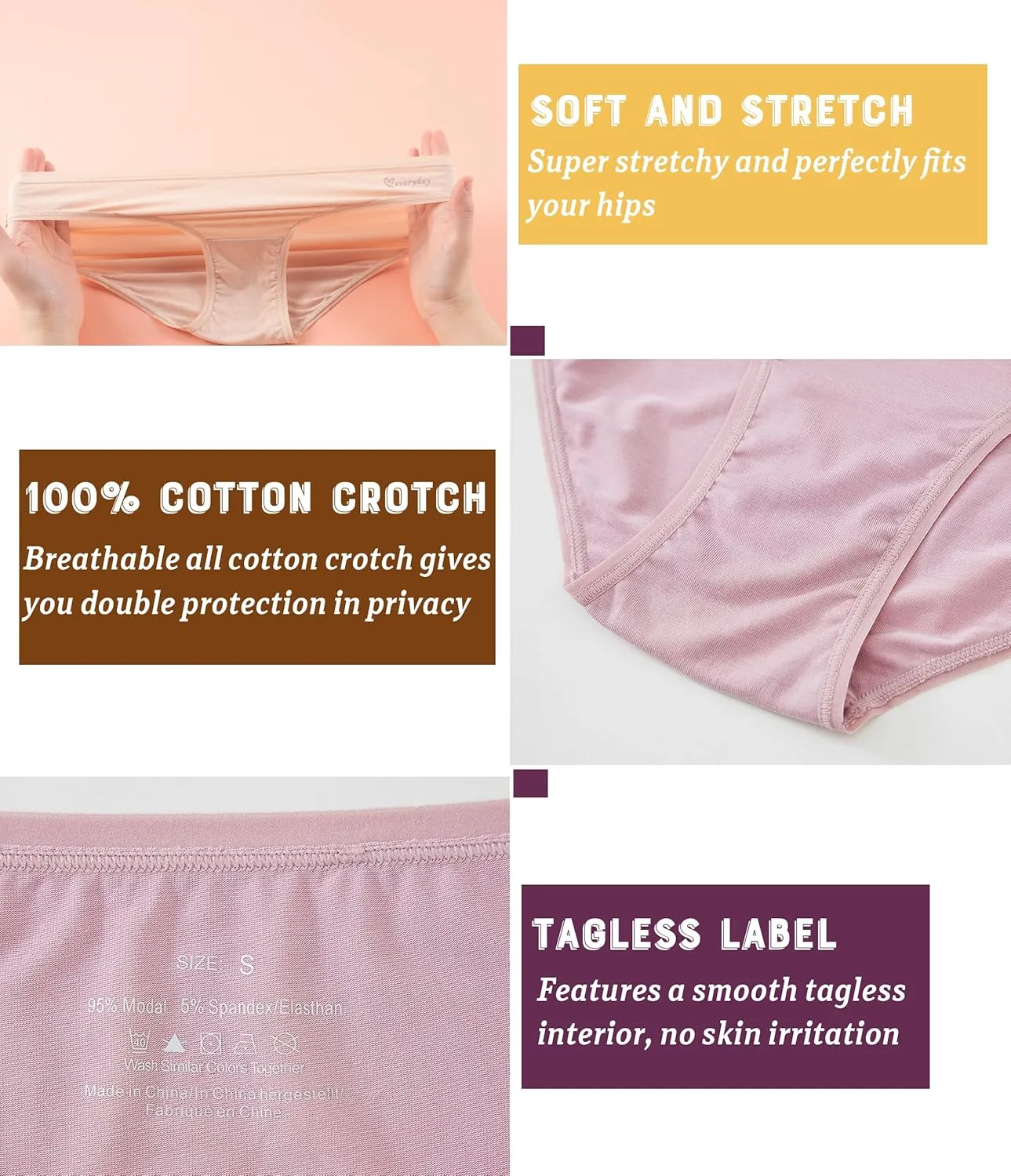 ANLIQI Modal Underwear Women Supersoft Bikini Panties for Women Pack Hi Cut Hipster Breathable Comfy Stretchy Ladies Undies