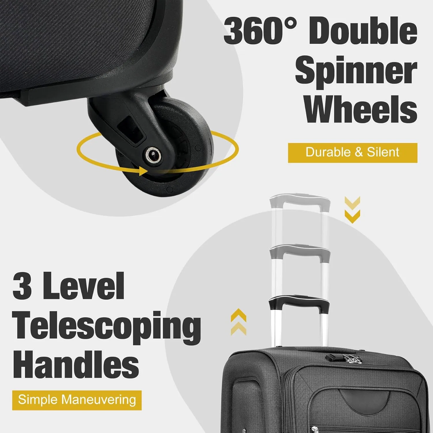 Anwick Expandable Suitcase Set 5 Piece, Softside Luggage Suitcases Set with Spinner Wheels TSA Lock, Lightweight Travel Luggage Set for Men Women 20" 24" 28" (Black)