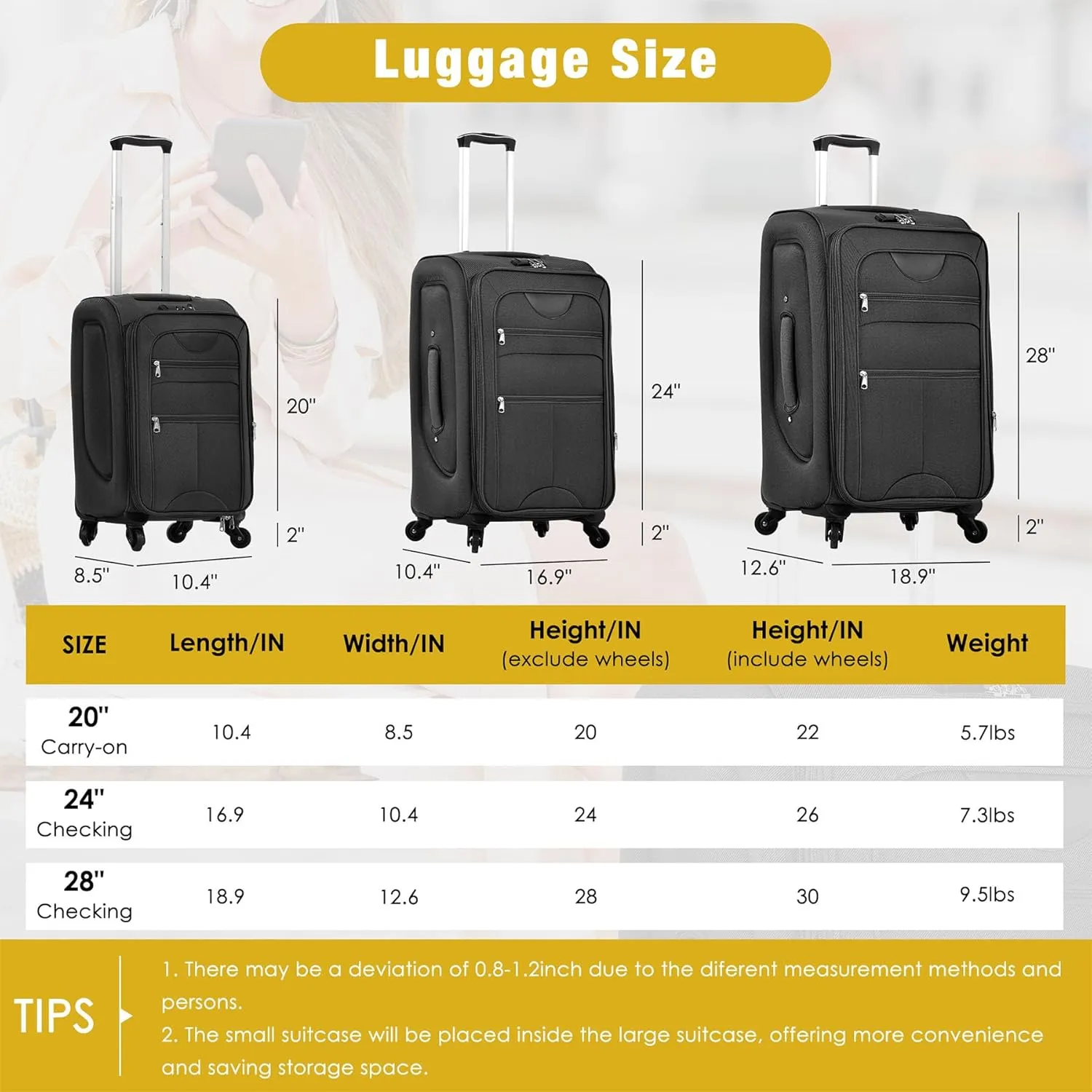 Anwick Expandable Suitcase Set 5 Piece, Softside Luggage Suitcases Set with Spinner Wheels TSA Lock, Lightweight Travel Luggage Set for Men Women 20" 24" 28" (Black)