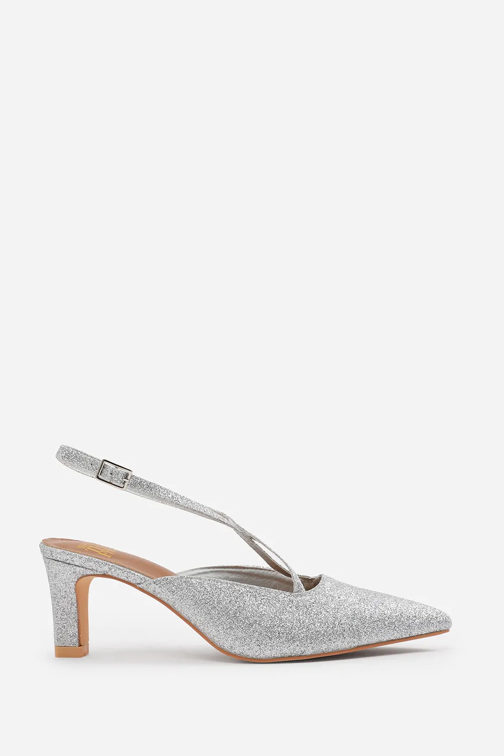AUSTEN POINTED TOE LOW BLOCK HEEL WITH CROSS OVER ANKLE STRAP IN SILVER FINE GLITTER