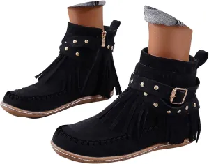 Boots for Women 2024 No Heel Casual Walking Vintage Retro Short Booties with Zipper Fringe Comfy Arch Support Slip-On Shoes