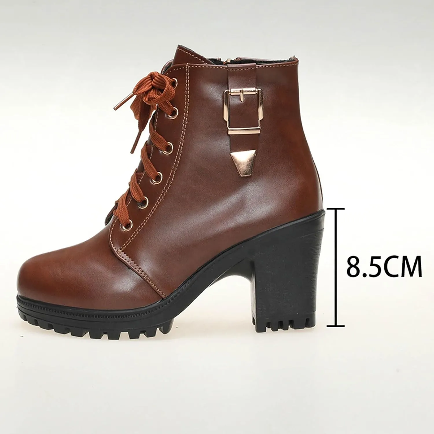 Boots for Women Ankle Booties Brown Boots for Women Casual Round Head High Heel Thick Bottom Lace Up Leather Boots