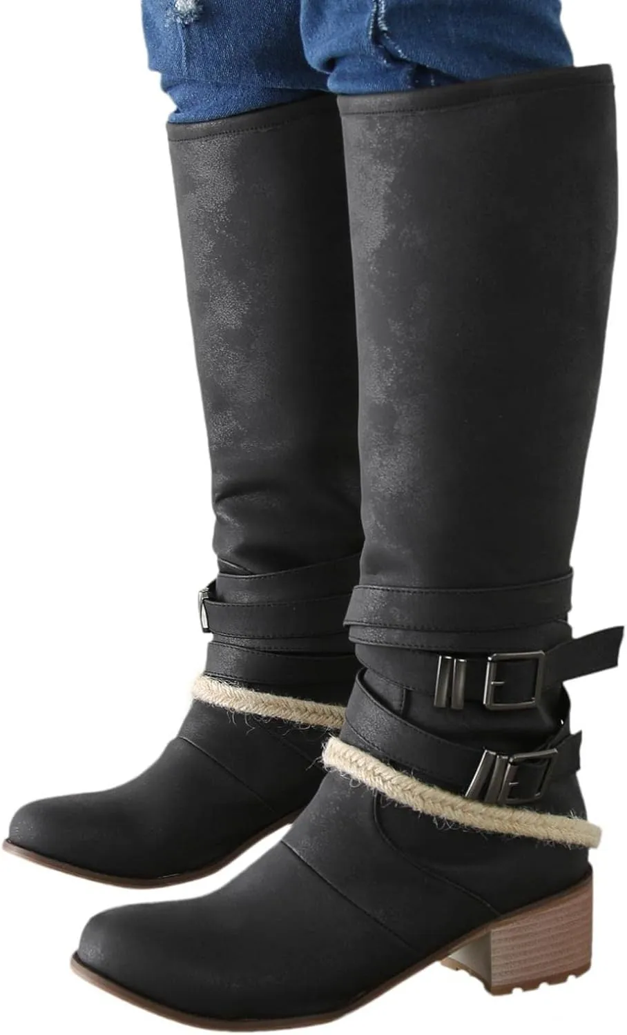 Boots for Women Western Cowgirl Cowboy Boots Wide Calf Round Toe Vintage Embroidered Pull On Boots Shoes