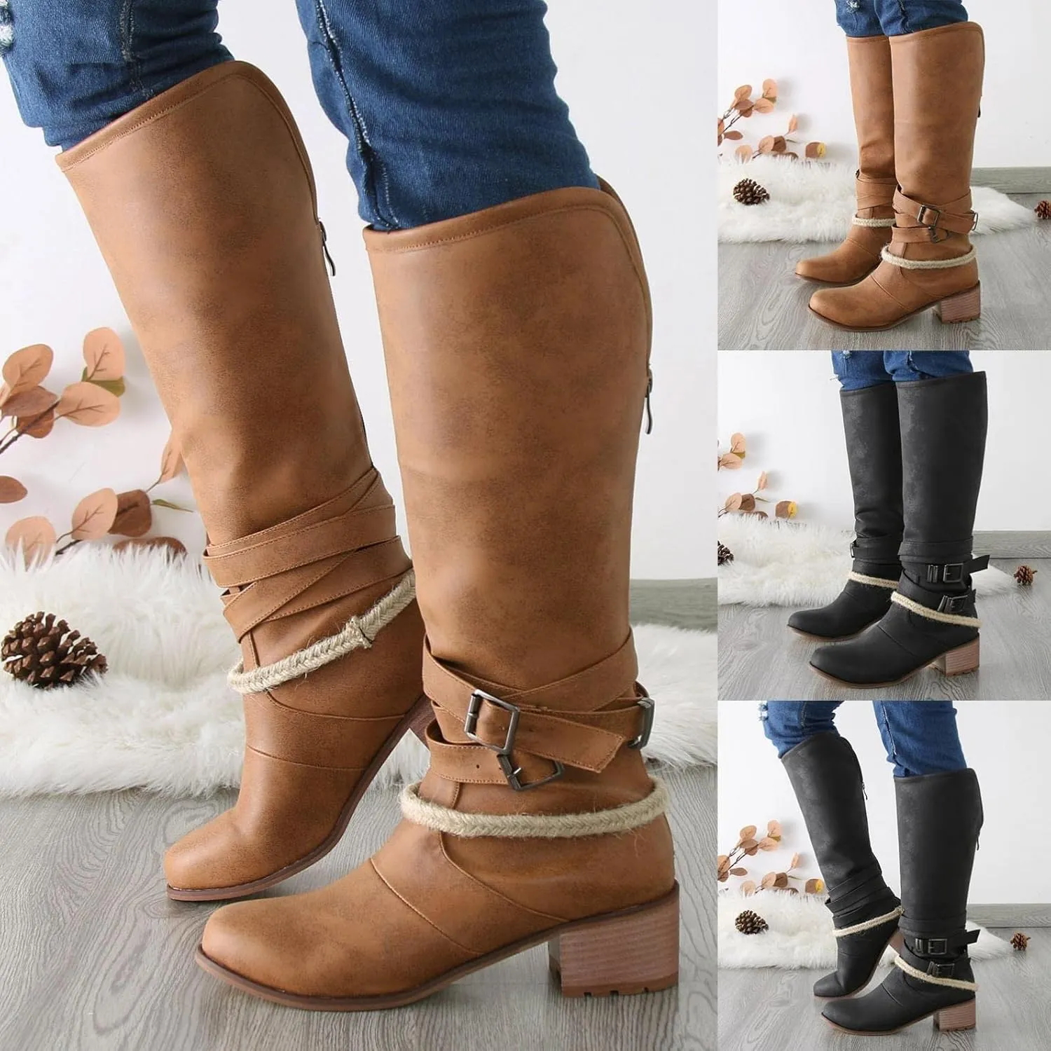 Boots for Women Western Cowgirl Cowboy Boots Wide Calf Round Toe Vintage Embroidered Pull On Boots Shoes