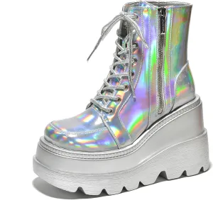 Cape Robbin Radio Holographic Platform Ankle Boots with Chunky Block Heels for Women