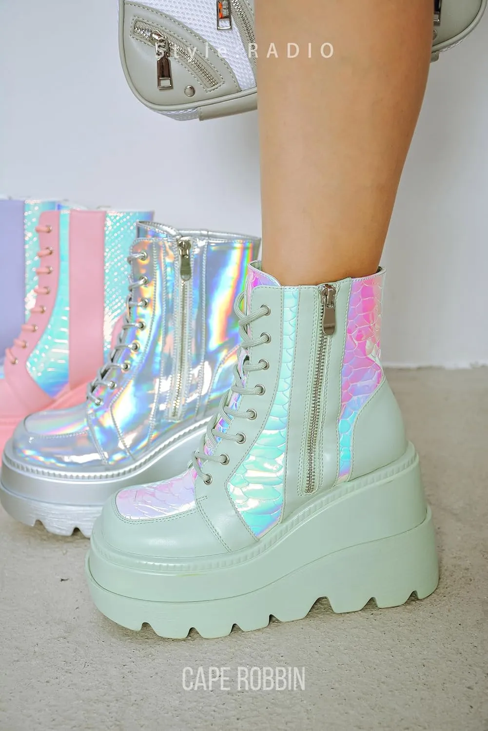 Cape Robbin Radio Holographic Platform Ankle Boots with Chunky Block Heels for Women