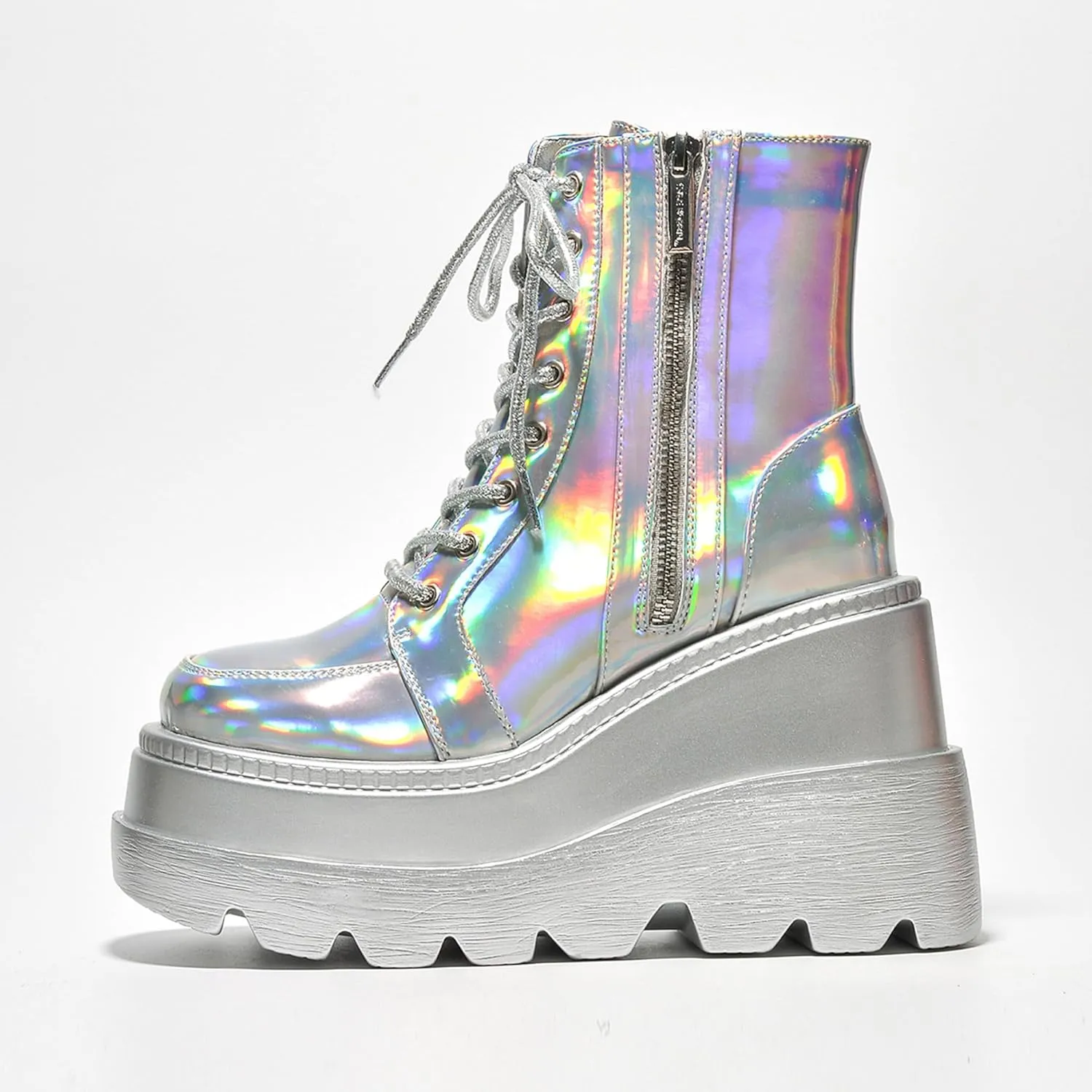 Cape Robbin Radio Holographic Platform Ankle Boots with Chunky Block Heels for Women