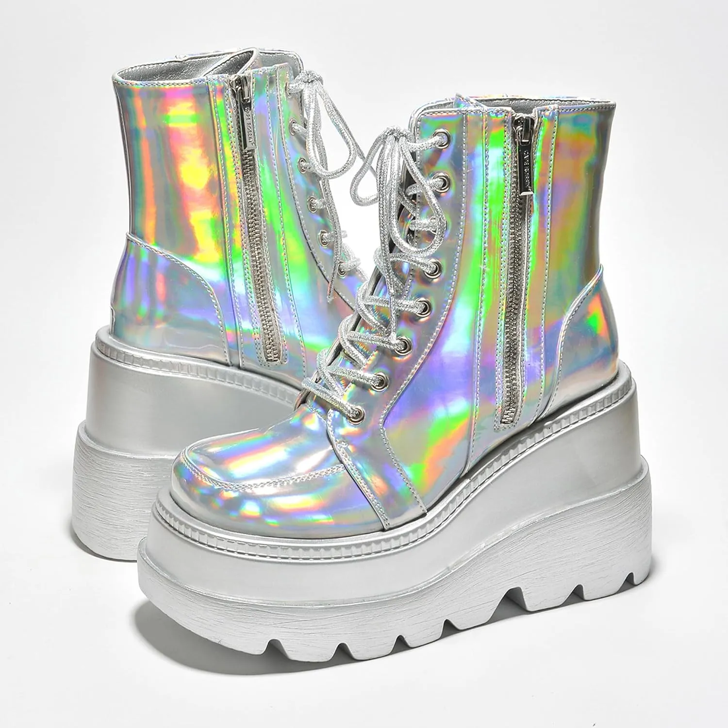 Cape Robbin Radio Holographic Platform Ankle Boots with Chunky Block Heels for Women