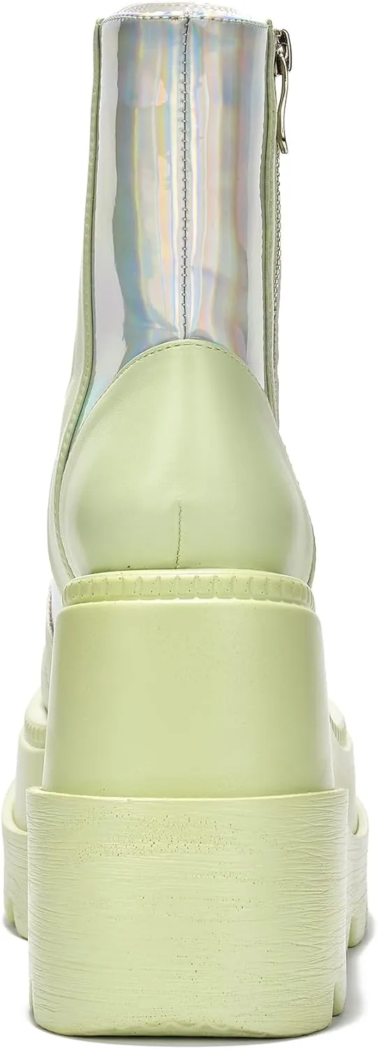 Cape Robbin Radio Holographic Platform Ankle Boots with Chunky Block Heels for Women