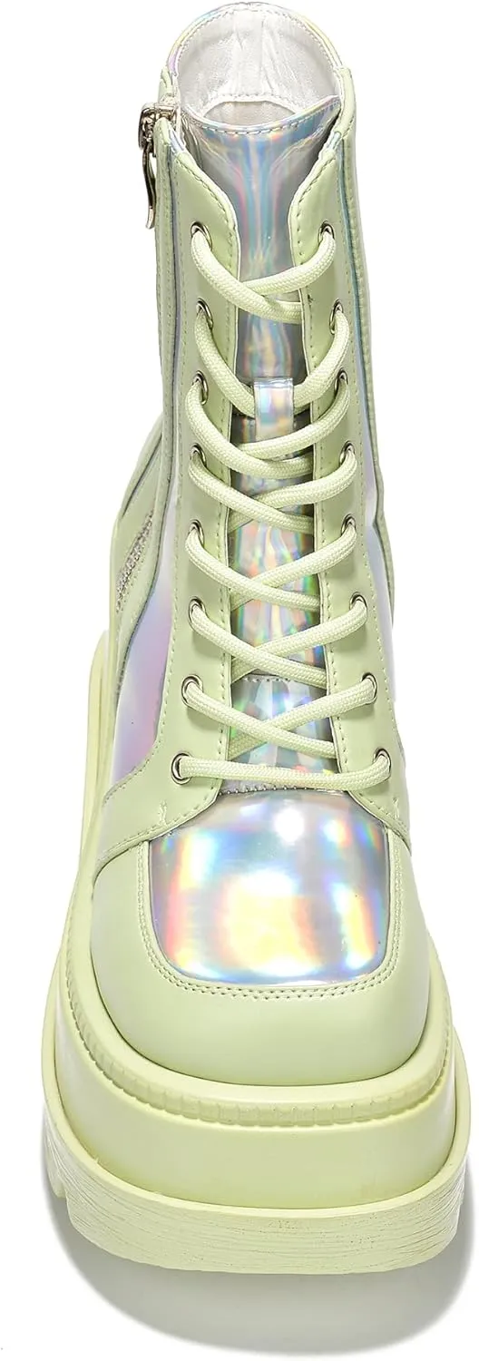 Cape Robbin Radio Holographic Platform Ankle Boots with Chunky Block Heels for Women