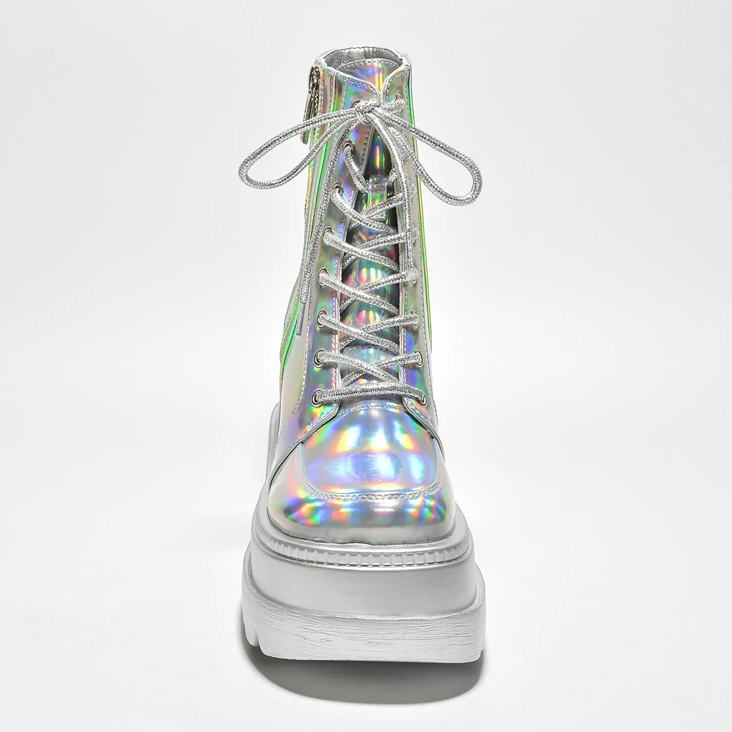 Cape Robbin Radio Holographic Platform Ankle Boots with Chunky Block Heels for Women
