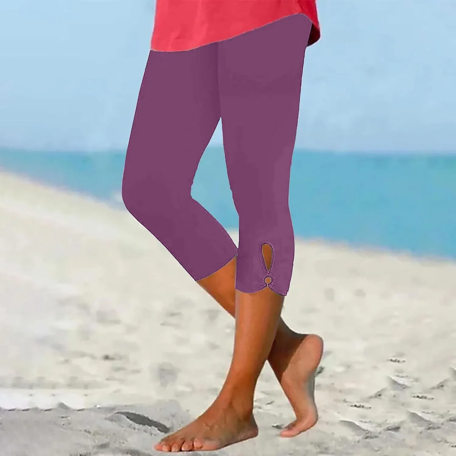 Capri Leggings for Women High Waist Stretch Workout Bottom Cropped Trousers Side Hollow Out Hem Slimming Yoga Pants