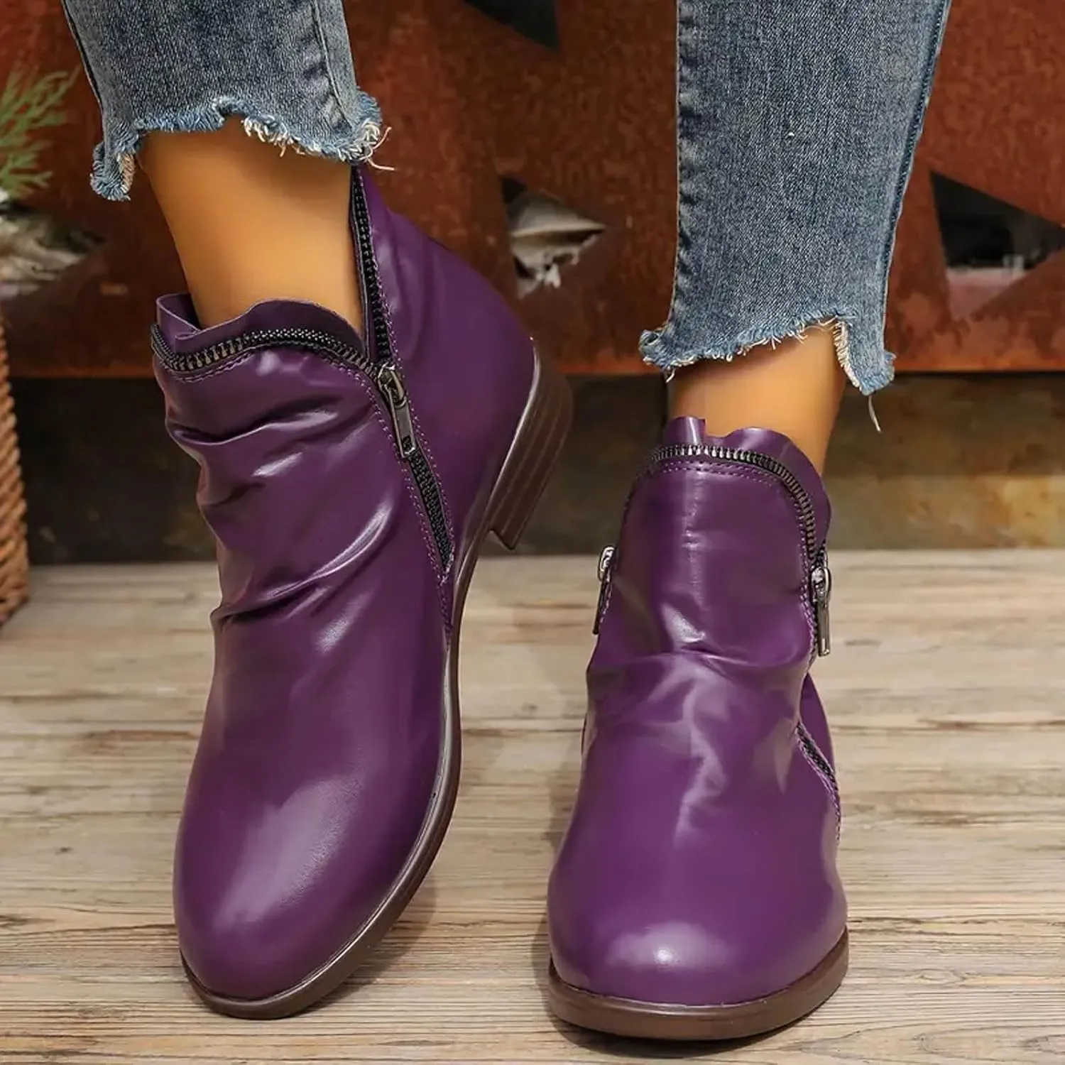 Cathalem Ankle Boots for Women Low Heel Booties Arch Support Boots Lace Up Side Zipper Short Ankle Booties Casual Fall Shoes