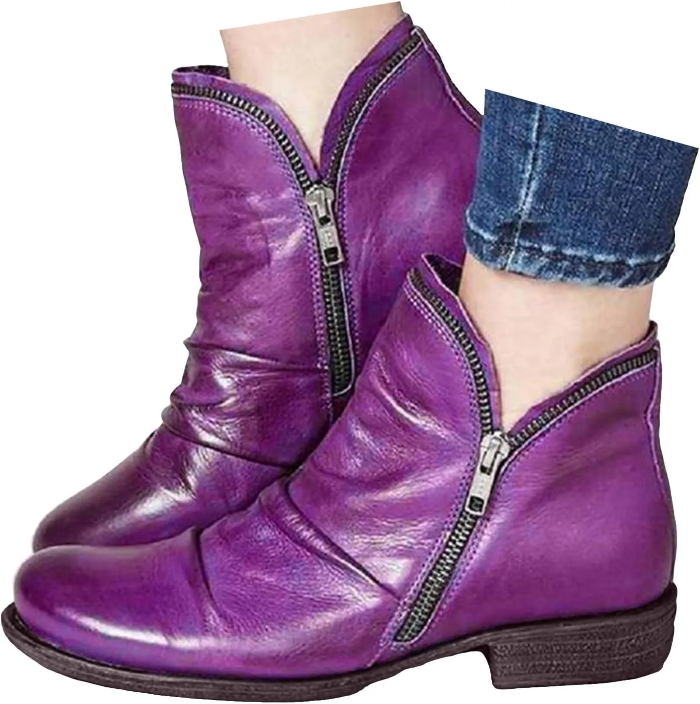 Cathalem Ankle Boots for Women Low Heel Booties Arch Support Boots Lace Up Side Zipper Short Ankle Booties Casual Fall Shoes