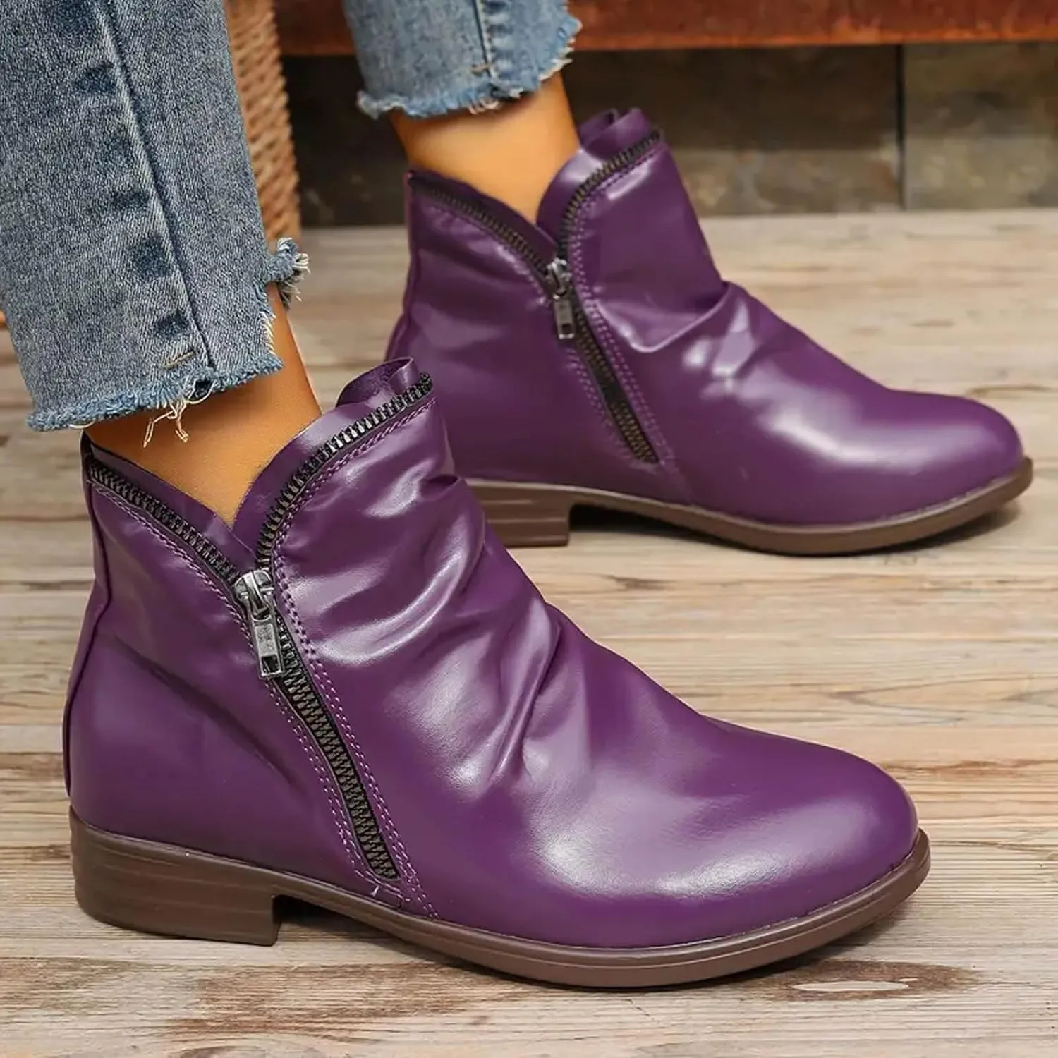 Cathalem Ankle Boots for Women Low Heel Booties Arch Support Boots Lace Up Side Zipper Short Ankle Booties Casual Fall Shoes