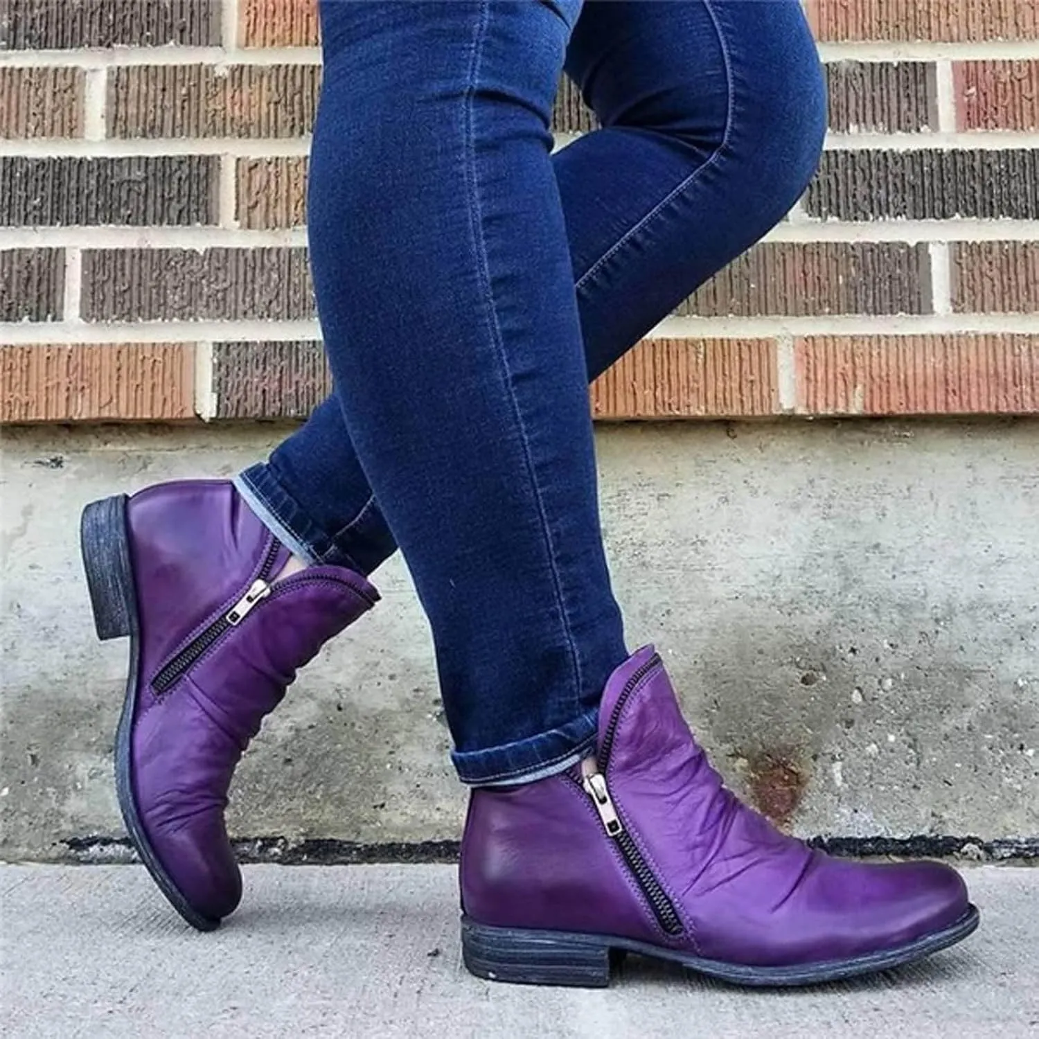 Cathalem Ankle Boots for Women Low Heel Booties Arch Support Boots Lace Up Side Zipper Short Ankle Booties Casual Fall Shoes