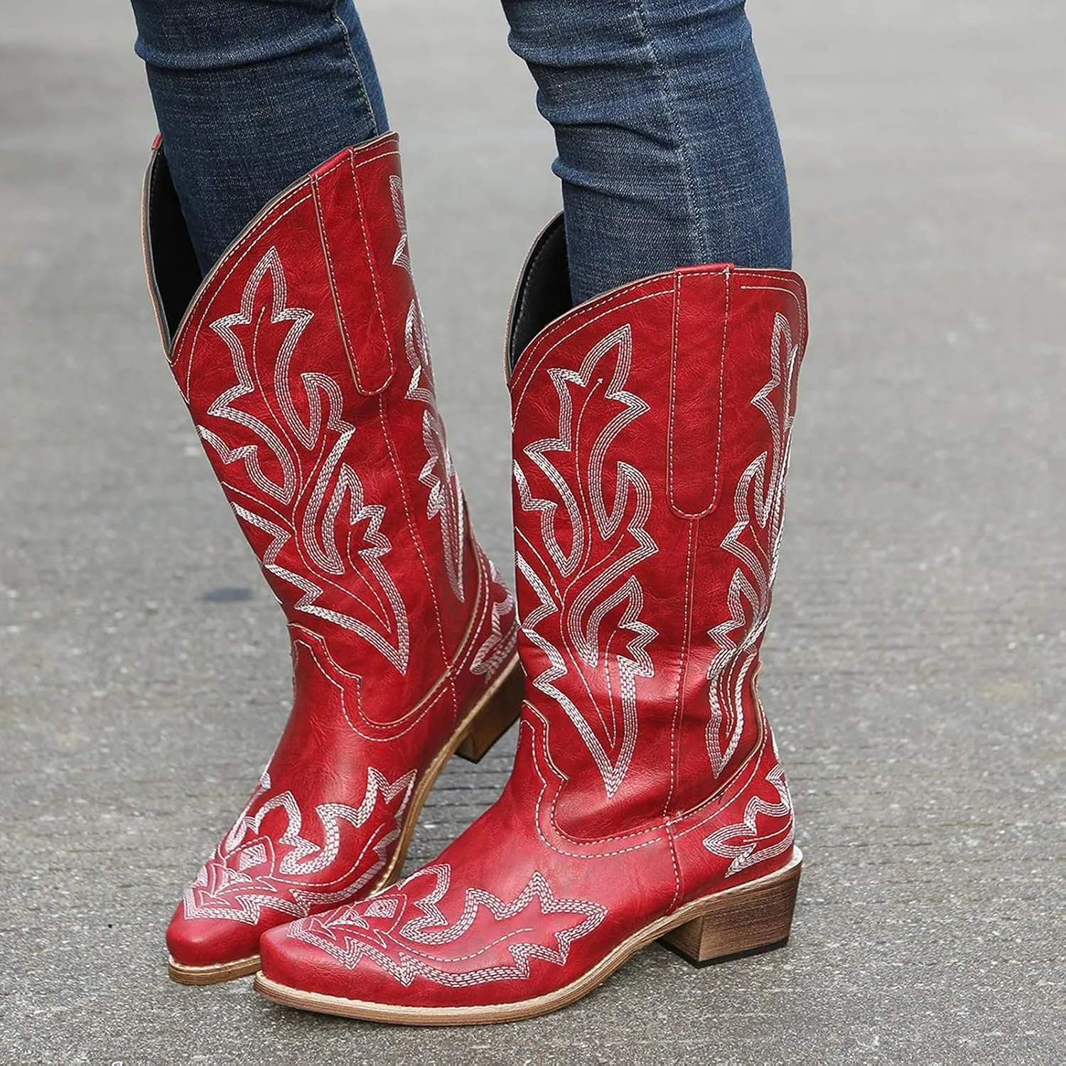 Cathalem Cowboy Boots for Women Mid Calf Cowgirl Boots Square Toe Chunky Heel Embroidery Stitched Western Boots