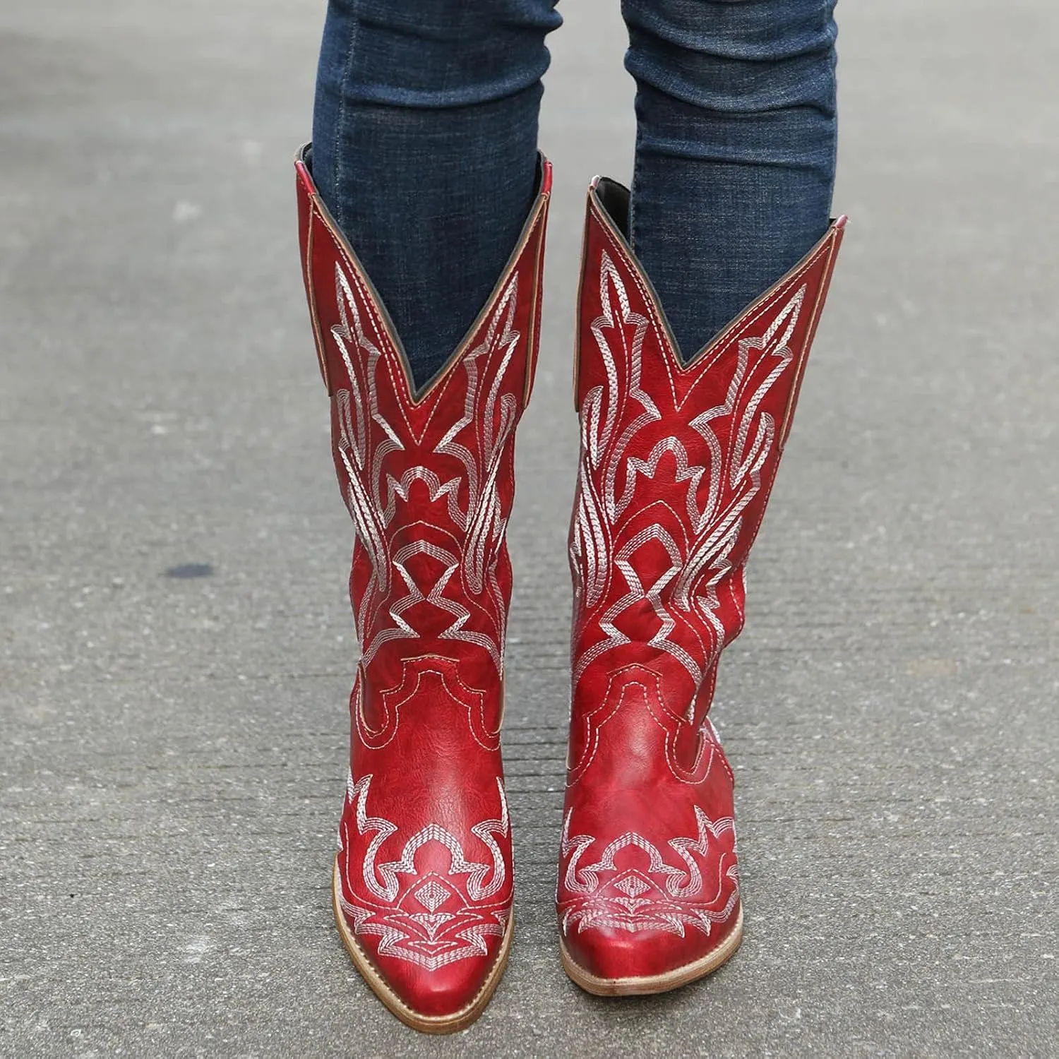Cathalem Cowboy Boots for Women Mid Calf Cowgirl Boots Square Toe Chunky Heel Embroidery Stitched Western Boots