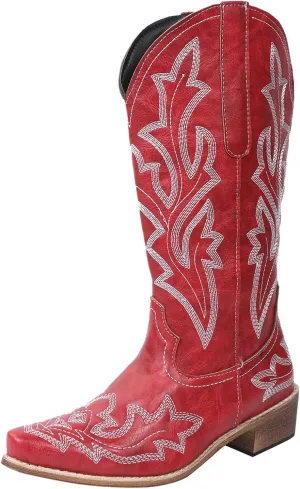 Cathalem Cowboy Boots for Women Mid Calf Cowgirl Boots Square Toe Chunky Heel Embroidery Stitched Western Boots
