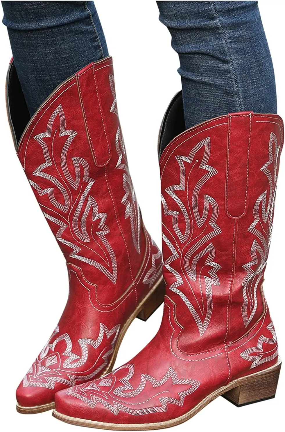 Cathalem Cowboy Boots for Women Mid Calf Cowgirl Boots Square Toe Chunky Heel Embroidery Stitched Western Boots