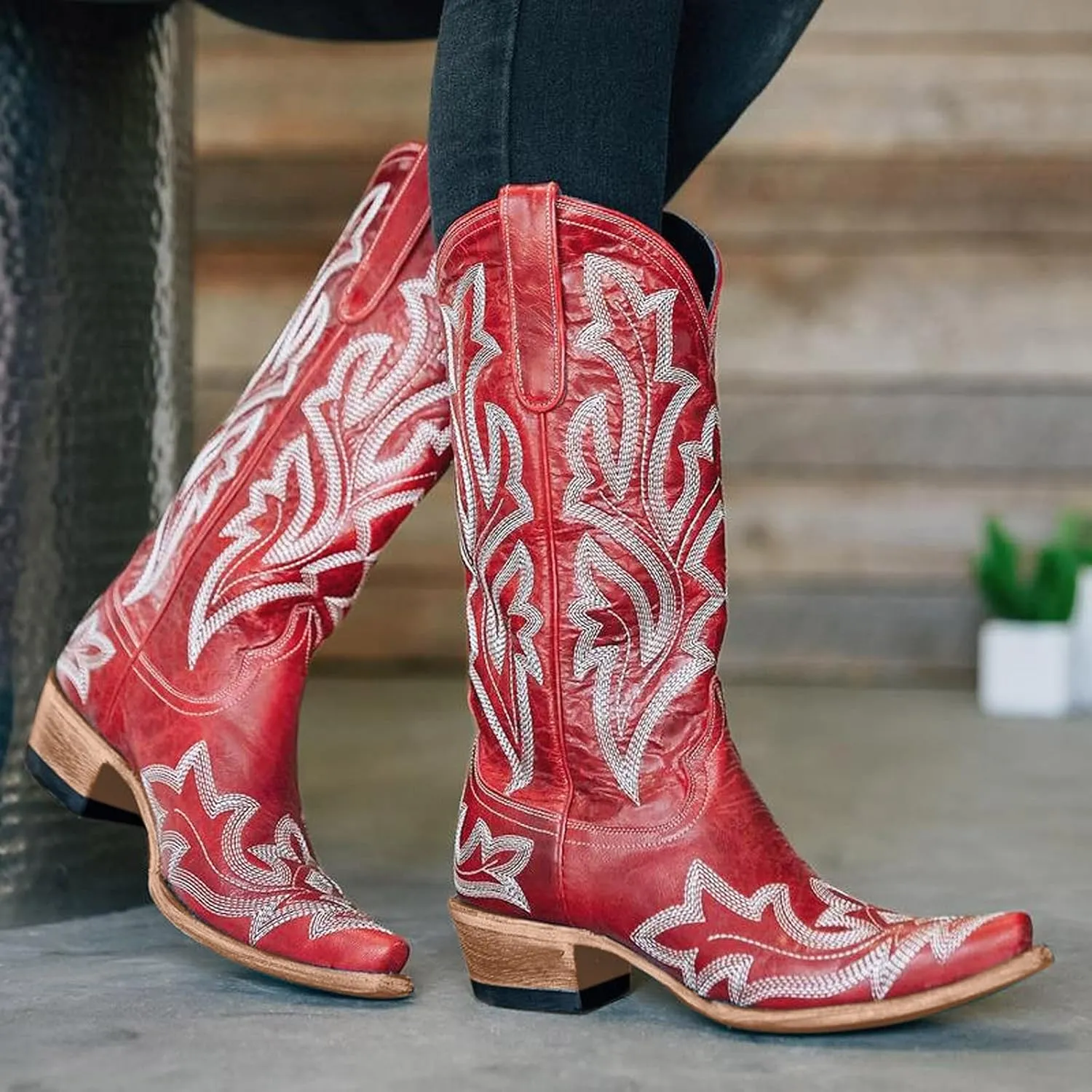 Cathalem Cowboy Boots for Women Mid Calf Cowgirl Boots Square Toe Chunky Heel Embroidery Stitched Western Boots