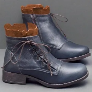 Chicvane New Women's Retro British Stylish Chunky Heel Round Toe Lace Up Ankle Boots