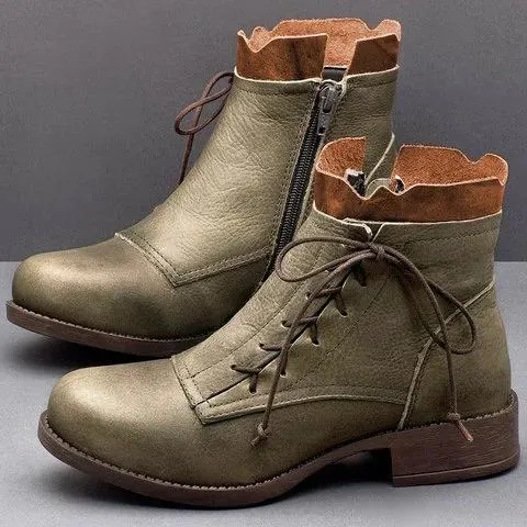 Chicvane New Women's Retro British Stylish Chunky Heel Round Toe Lace Up Ankle Boots