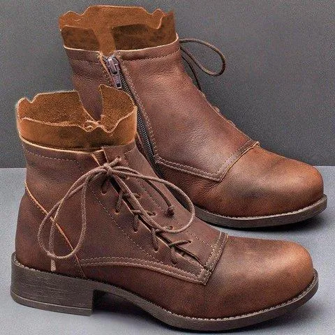 Chicvane New Women's Retro British Stylish Chunky Heel Round Toe Lace Up Ankle Boots
