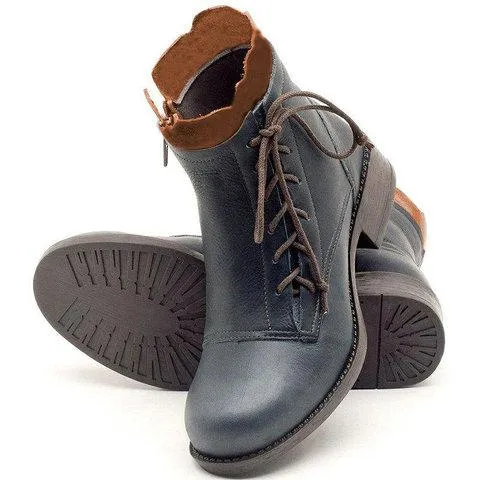 Chicvane New Women's Retro British Stylish Chunky Heel Round Toe Lace Up Ankle Boots