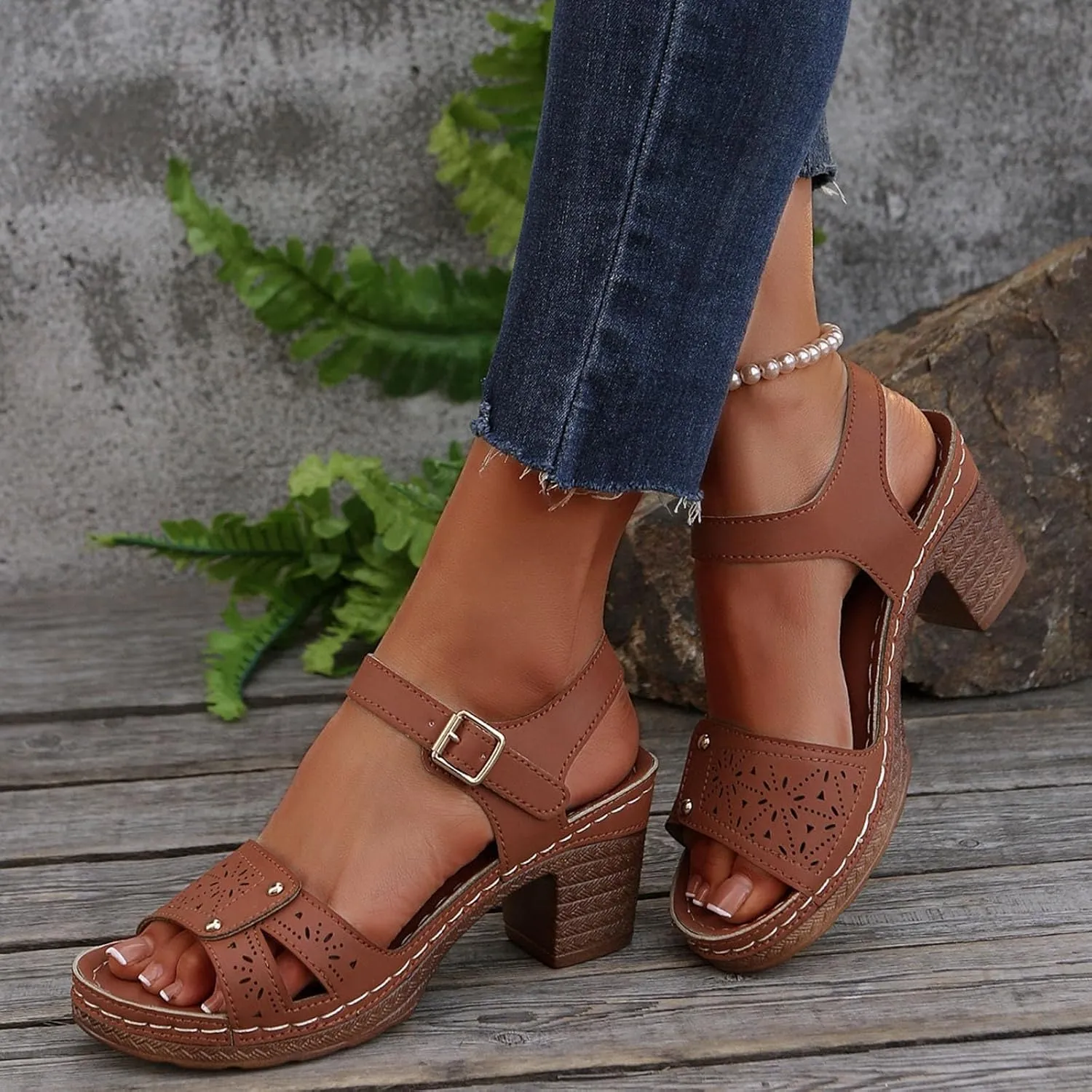 Chunky Heels for Women Dressy Casual Hollow Out Open Toe Block Heels Adjustable Ankle Strap Low Heel Sandals Work Office Shoes