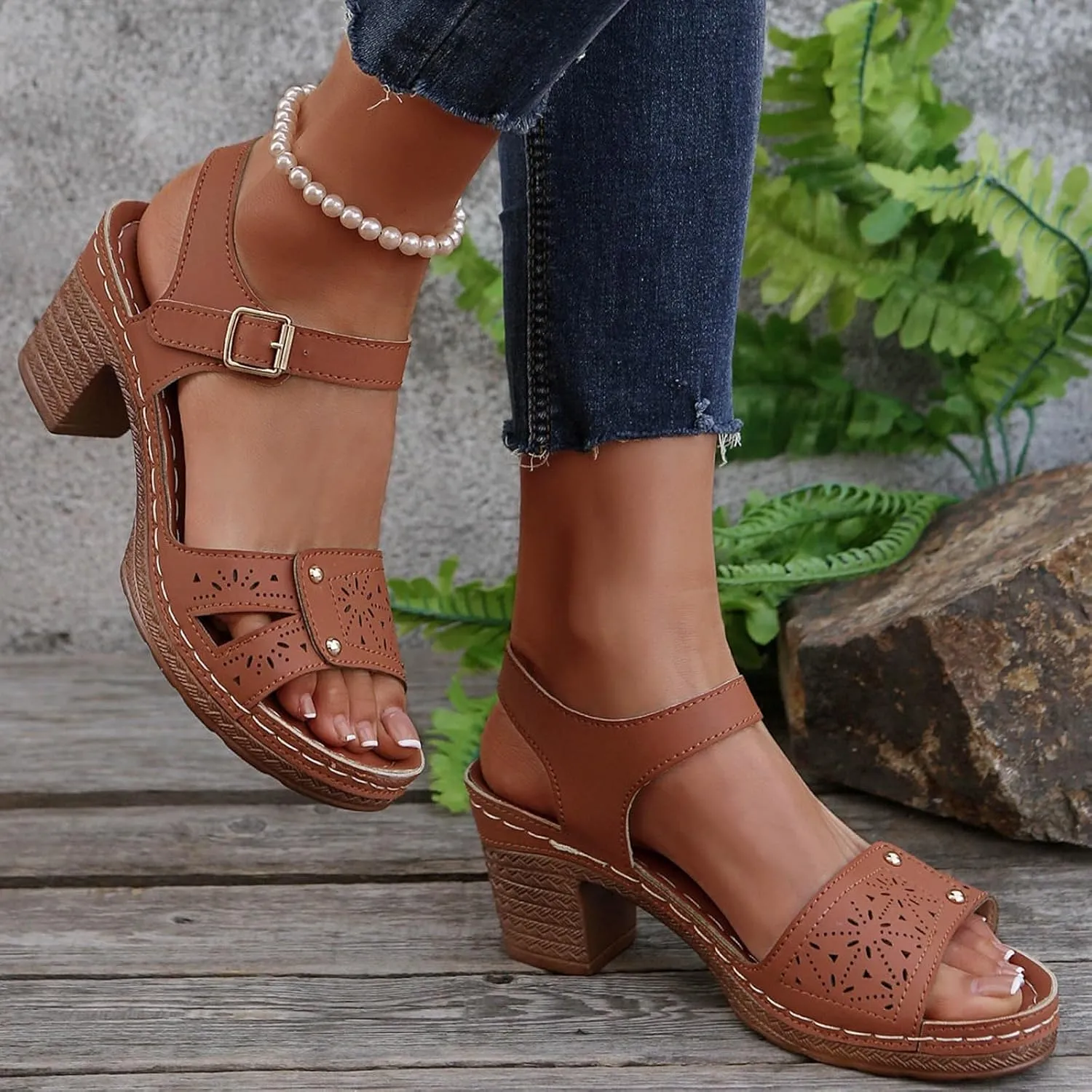 Chunky Heels for Women Dressy Casual Hollow Out Open Toe Block Heels Adjustable Ankle Strap Low Heel Sandals Work Office Shoes