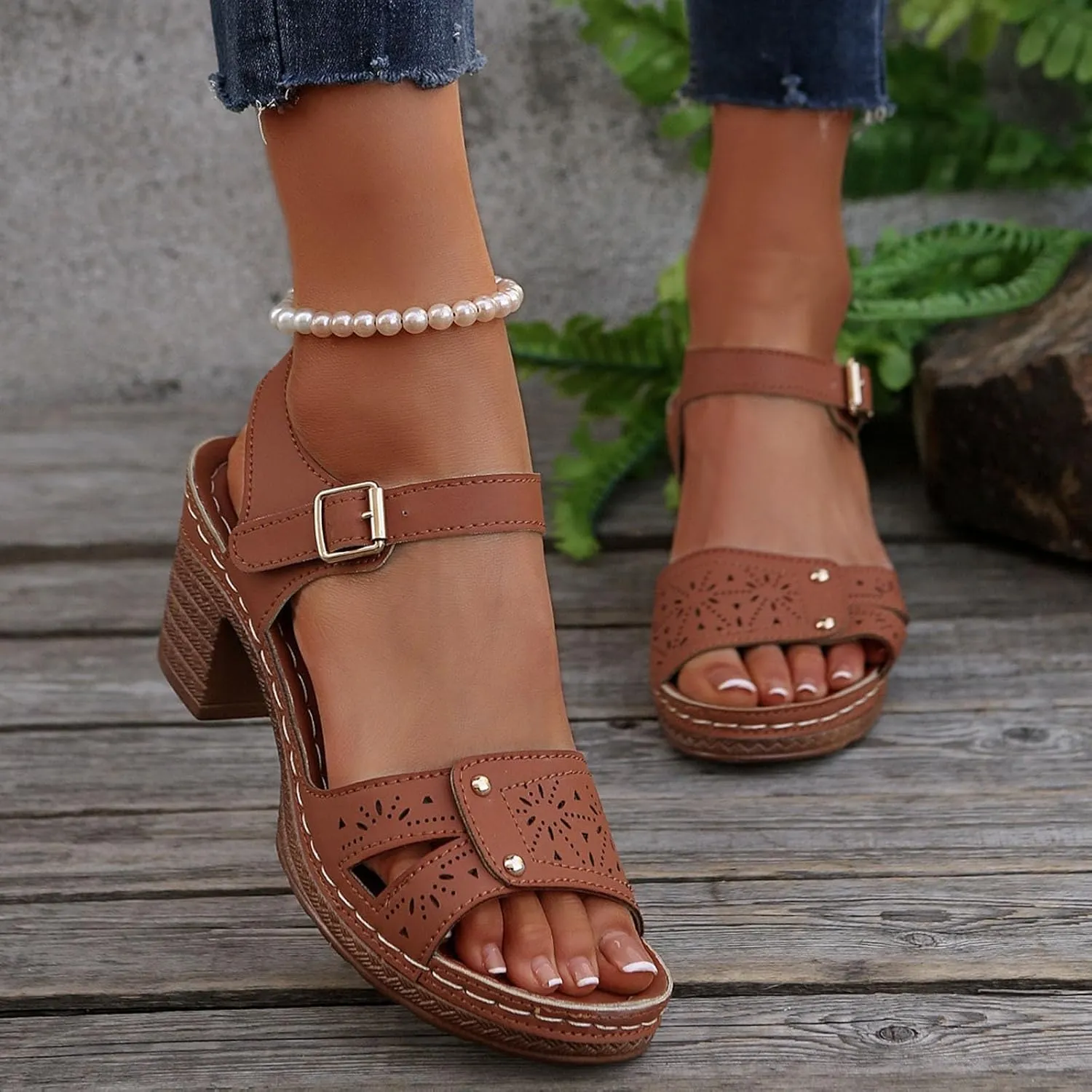 Chunky Heels for Women Dressy Casual Hollow Out Open Toe Block Heels Adjustable Ankle Strap Low Heel Sandals Work Office Shoes