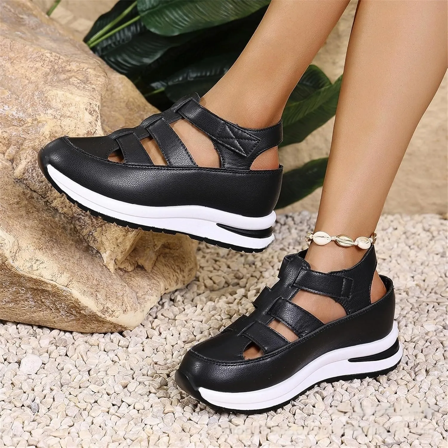 Closed Toe Platform Sandals Women,Closed Toe Wedges for Women,Women's Hollow Out Breathable Platform Wedge Sandals Sneakers,Orthopedic Slip on Shoes,Leather Comfortable Stylish Adjustable Strap Shoes