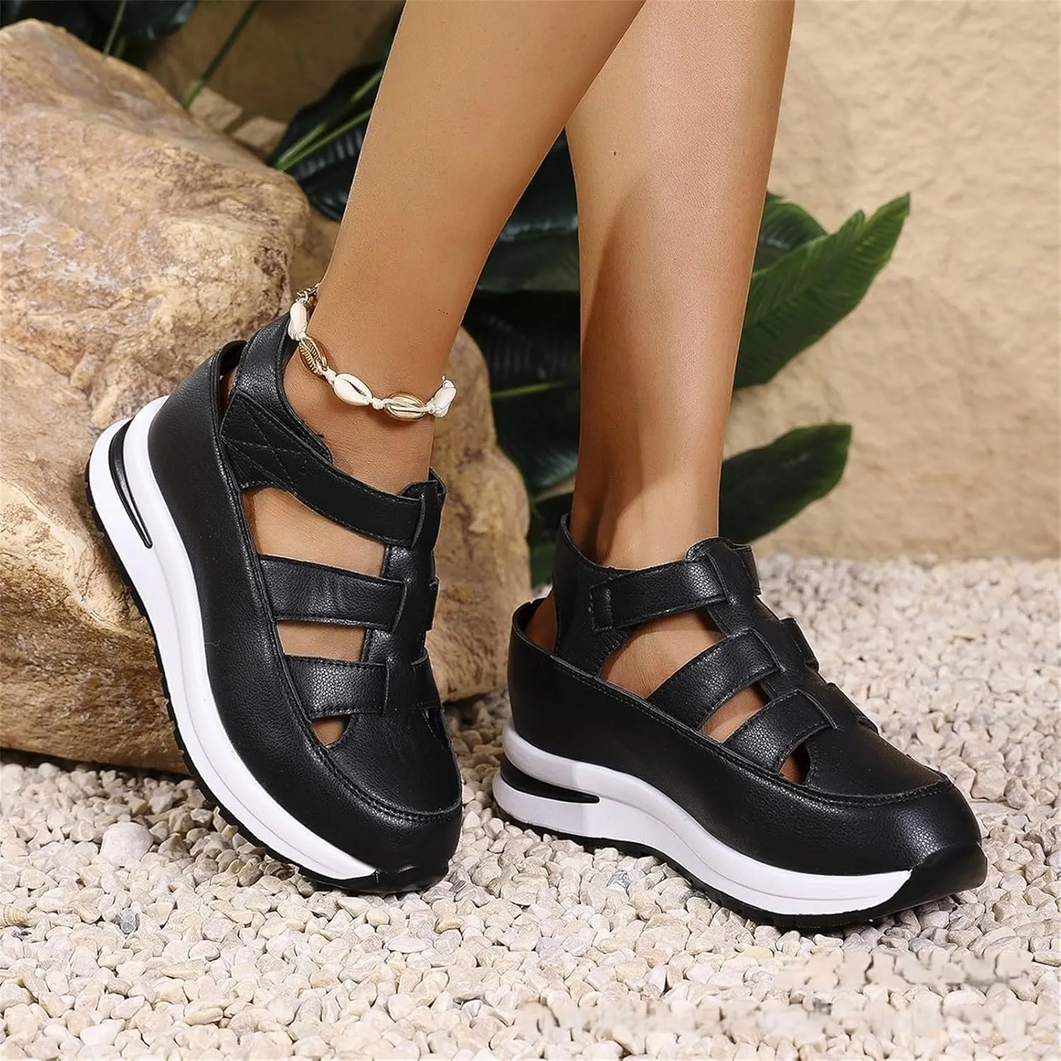 Closed Toe Platform Sandals Women,Closed Toe Wedges for Women,Women's Hollow Out Breathable Platform Wedge Sandals Sneakers,Orthopedic Slip on Shoes,Leather Comfortable Stylish Adjustable Strap Shoes