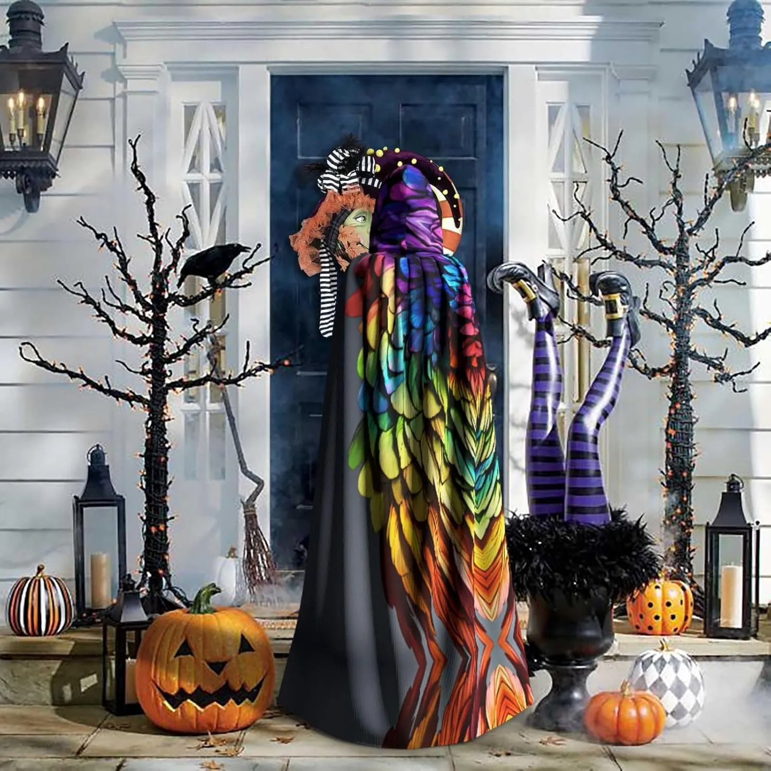 Colorful Hand Drawn Feathers Cape Cloak Adults Hooded Cloak For Women Men Halloween Costumes Christmas Cosplay