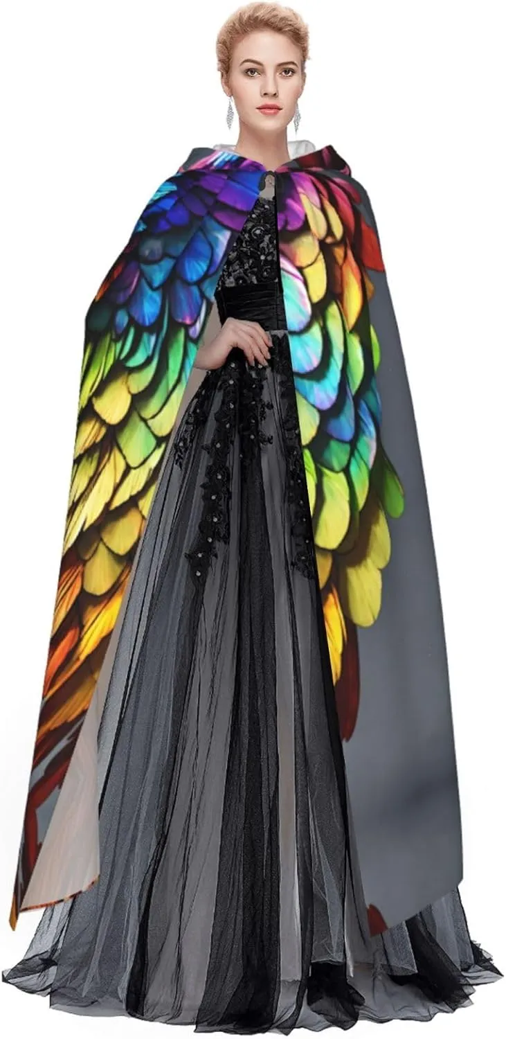Colorful Hand Drawn Feathers Cape Cloak Adults Hooded Cloak For Women Men Halloween Costumes Christmas Cosplay